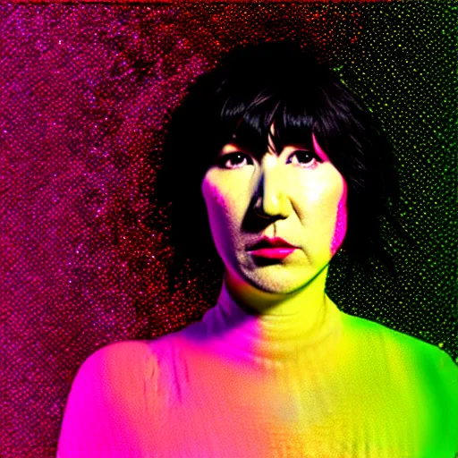 Image similar to Karen O of the Yeah Yeah Yeahs. Glitch effect. Pixel glitch. Chromatic Aberration. data moshing glitch art. 4k.