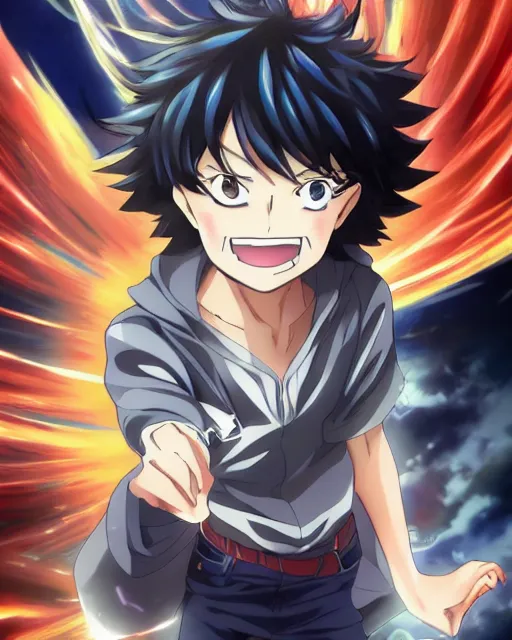 Prompt: Anime key visual of a young boy with thunder powers, Illustrated by Kohei Horikoshi, detailed eyes, big eyes, official media, 8k, anime, detailed, HD