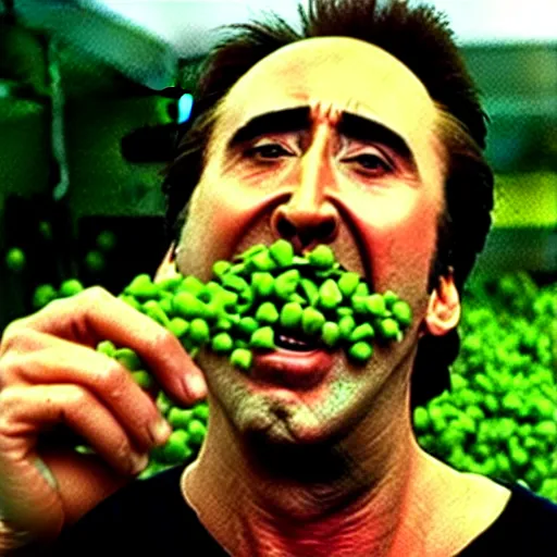 Image similar to nicolas cage screaming with a mouth full of peas, movie still, the wicker man