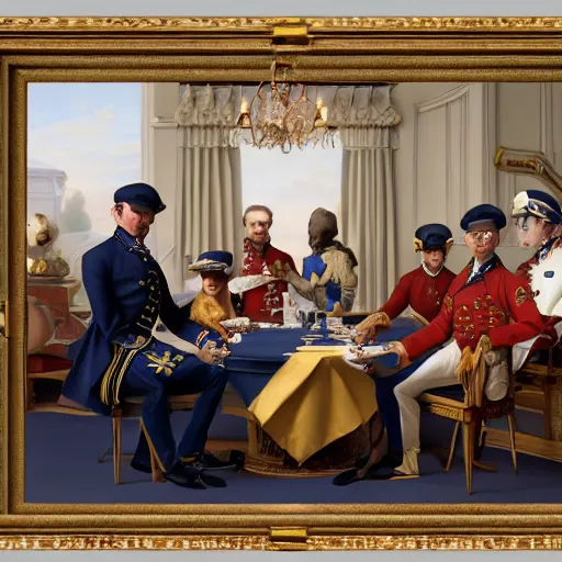 Prompt: four dogs dressed navy admirals in formal unifor playing poker art by cassius marcellus coolidge and jacque - louis david, intricate detail, cinematic, 8 k, cel shaded, unreal engine, featured on artstation, pixiv