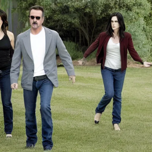 Prompt: high quality movie still of skinny actress Neve Campbell, actor David Arquette and actress Courteney Cox in Scream 5 (2013)