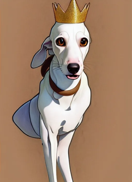 Prompt: cute white brown greyhound wearing paper crown, natural lighting, path traced, highly detailed, high quality, digital painting, by don bluth and ross tran and studio ghibli and alphonse mucha, artgerm