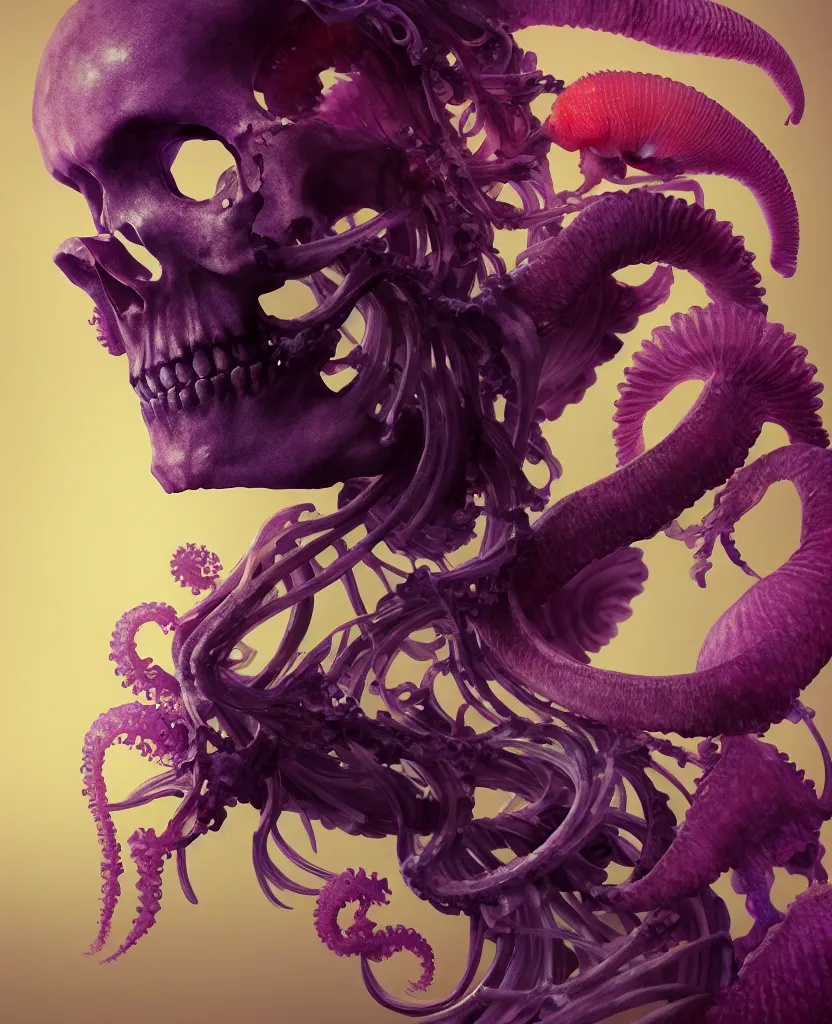 Prompt: goddess close - up portrait human skeleton, ram skull, squid phoenix jellyfish, orchid, betta fish, bioluminiscent, intricate artwork by tooth wu and wlop and beeple. octane render, trending on artstation, greg rutkowski very coherent symmetrical artwork. cinematic, hyper realism, high detail, octane render, 8 k