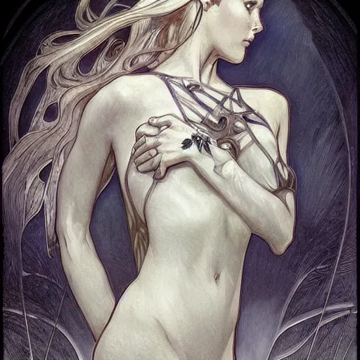 Prompt: a streamline moderne painting in the style of luis royo, and in the style of charlie bowater, and in the style of alphonse mucha. symmetry, smooth, sharp focus, semi - realism, intricate detail.