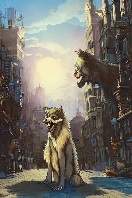 Image similar to fluffly werewolf, city background, sunny, city street, digital art, cute, artstation