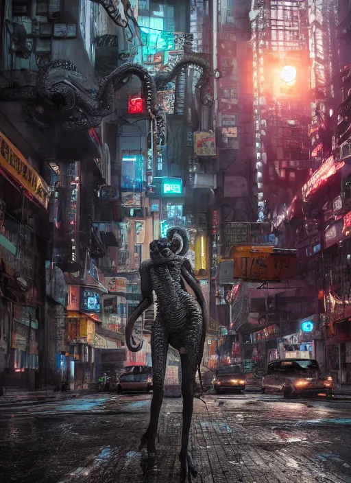 Image similar to hyperrealism, detailed textures, photorealistic 3 d cyberpunk octopus in apocalyptic city, futuristic clothing and helmet, ultra realistic, cinematic, intricate, cinematic light, unreal engine 8 k, octane render, unreal engine