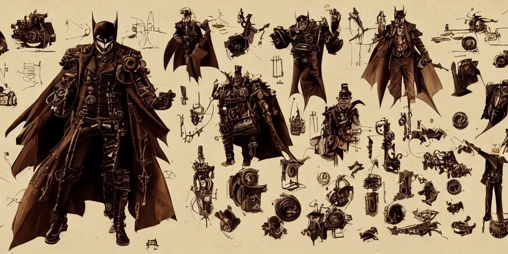 Image similar to steampunk batman, character sheet, concept design, contrast, kim jung gi, greg rutkowski, zabrocki, karlkka, jayison devadas, trending on artstation, 8 k, ultra wide angle, pincushion lens effect