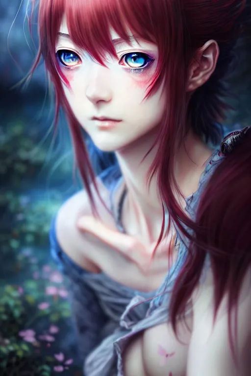 Image similar to ”ultra realistic, beautiful young woman, modern anime, fantasy, eerie, intricate details, atmospheric, elegant, super highly detailed, professional digital painting, artstation, concept art, 8k, art by artgerm and eiichiro oda and koyoharu gotouge”