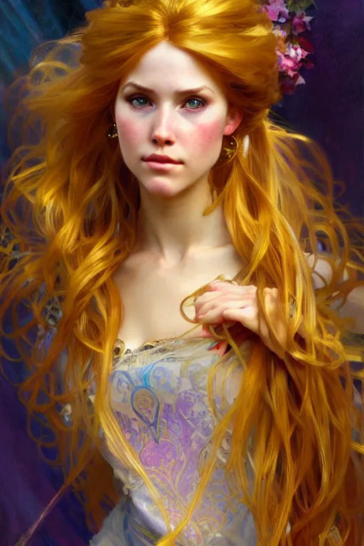 Image similar to rapunzel gold hair, painting by daniel gerhartz, alphonse mucha, detailed art, artstation