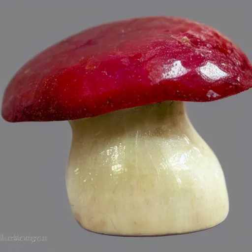 Prompt: a cut ruby gemstone in the shape of a mushroom, high detail