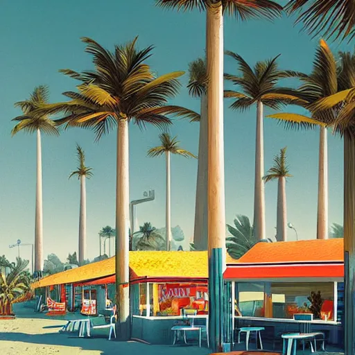 Image similar to inside beachfront fast food restaurant with palm trees by simon stalenhag