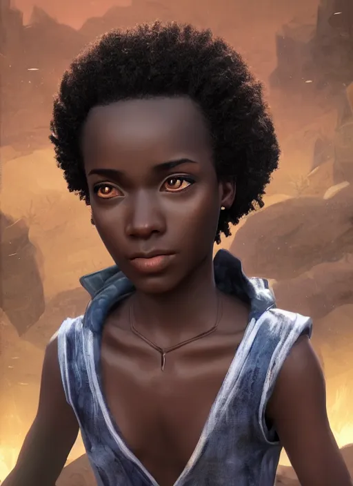 Image similar to An epic fantasy comic book style portrait painting of a young dark skinned girl with short hair dressed as a boy, unreal 5, DAZ, hyperrealistic, octane render, cosplay, RPG portrait, dynamic lighting