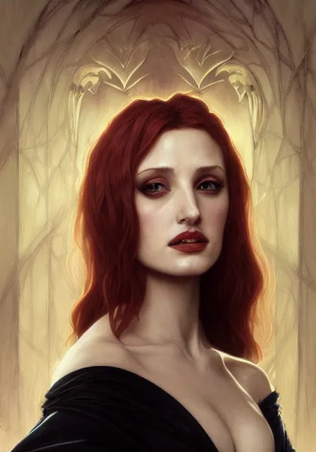 Image similar to sansa angeline jolie gessica chastain vampire, intricate, elegant, highly detailed, digital painting, artstation, concept art, smooth, sharp focus, illustration, art by artgerm and greg rutkowski and alphonse mucha and william - adolphe bouguereau