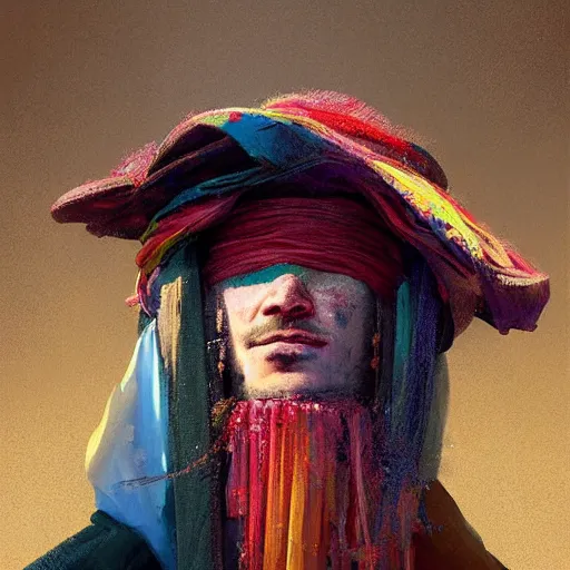 Image similar to portrait of a blindfolded man in multicolored robes, a large straw hat, detailed face, highly detailed, cinematic lighting, digital art painting by greg rutkowski