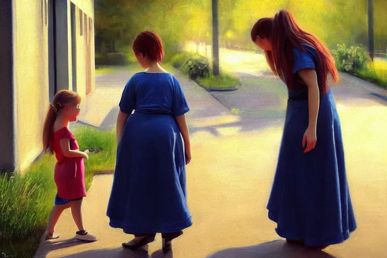 Image similar to ( ( a beautiful 8 k photorealistic masterpiece oil painting ) ( of ( mother encouraging her child to go out and play, the child is very nervous and shy ) ( finnish painting ) ) ( hyperrealism ) ( 1 6 k ) ( trending on artstation )