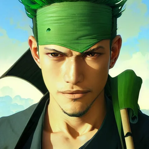 Image similar to highly detailed vfx portrait of roronoa zoro, stephen bliss, greg rutkowski, loish, rhads, beeple, makoto shinkai, tom bagshaw, alphonse mucha, sharp focus, art by artgerm and greg rutkowski, green hair, backlit, harsh overhead sunlight,