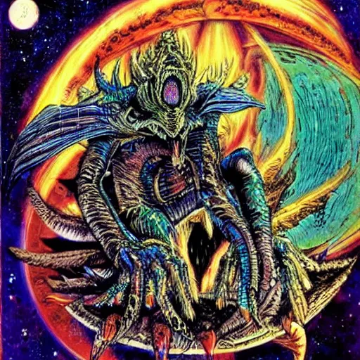 Image similar to an epic demonic alien dragon demigod descending from the cosmos to consume the earth, philippe druillet art