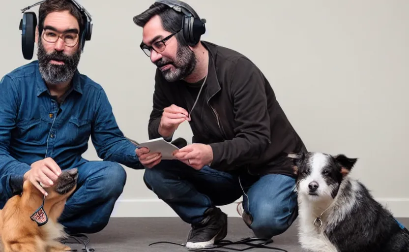 Image similar to adam buxton and his dog rosie recording a podcast with joe cornish. photorealistic