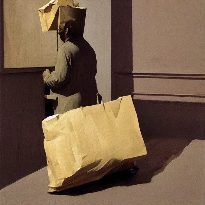 Image similar to melted old fat man portrait with a paper bag over the head, in paper bag clothing, holding a stack of paper bags, highly detailed, artstation, edward hopper, art by zdislav beksinski, wayne barlowe, edward hopper