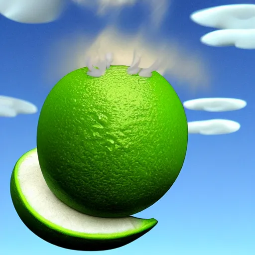 Image similar to 2 0 0 0 render of a sliced lime falling in heaven, clouds, uncanny, sleepy