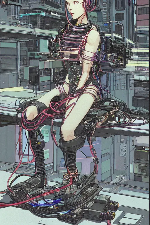 Prompt: a perfect cyberpunk illustration of a female android seated on the floor in a tech labor, seen from the side with her body open showing cables and wires coming out, by masamune shirow, hajime sorayama and katsuhiro otomo, japan, 1980s, dark, colorful