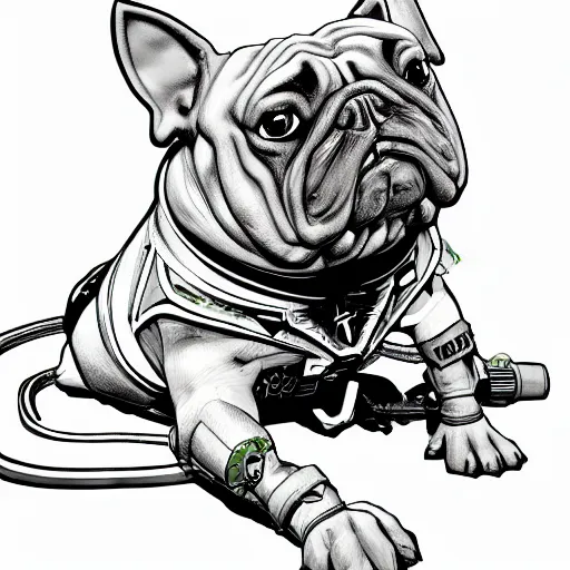 Image similar to « a comic styled cyborg bulldog sitting down, cyberpunk digital art by greg rutkowsky, illustration, sharp focus, highly detailed, future tech, sketchfab »