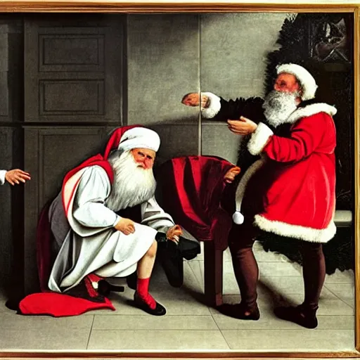 Prompt: Father Christmas throws confetti on a marble floor Painted by Caravaggio