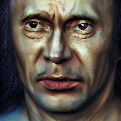 Image similar to stupid degraded retard vlad putin photo - realistic, color image, hyper realistic, 2 k, highly detailed, occult art, by giger, fractal structure