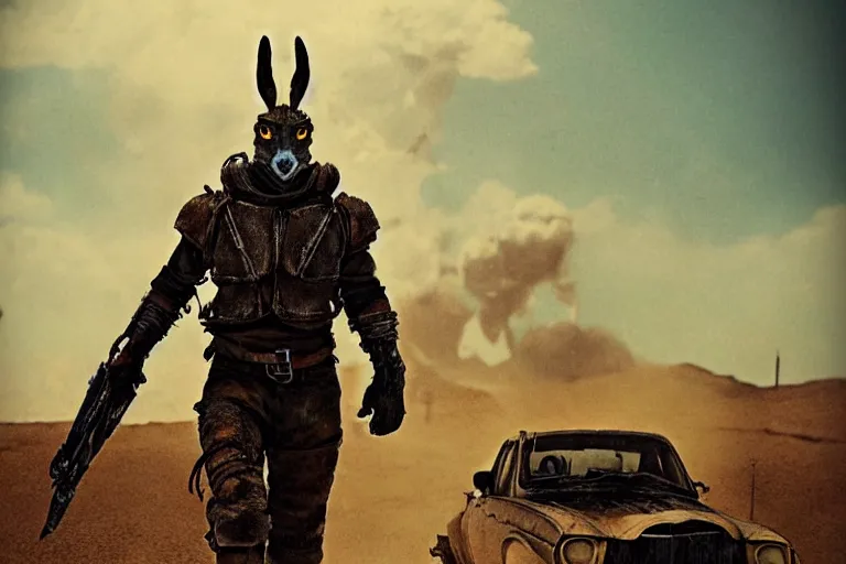 Image similar to a good ol'jackrabbit fursona ( from the furry fandom ), heavily armed and armored facing down armageddon in a dark and gritty version from the makers of mad max : fury road. witness me.