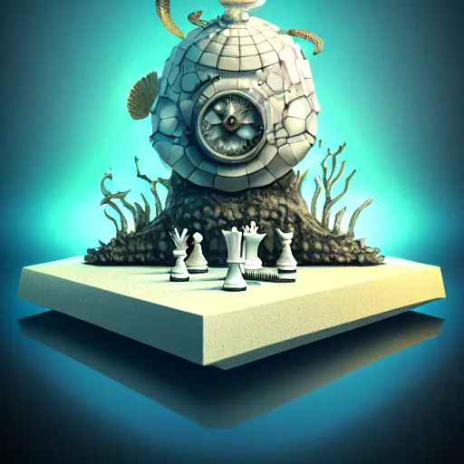 Prompt: white rendered steampunk, queen chess piece, chessboard made of ocean, digital forest, high quality architectural art , Isometric 3D Fantasy turtle, Smoth 3D Illustration, Cinematic Matte Painting, soft render, Servando Lupini, handpaint texture, Blender, 3DCoat