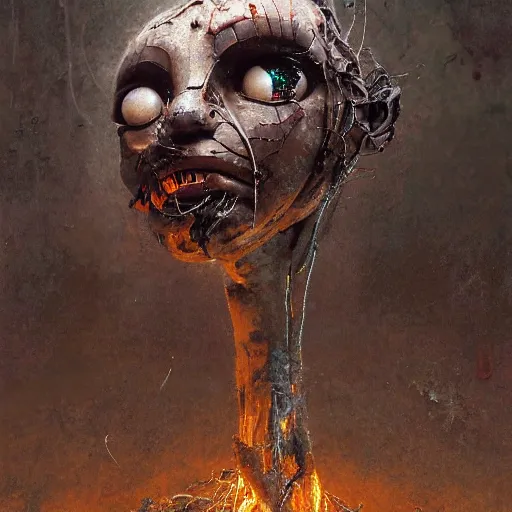 Image similar to an realistic humanoid animatronic made of rubbish with a creepy happy face, lost look, sparks, destroyed city on fire, broken wires, depth of field, robotic limbs on floor, by Greg Rutkowski and Zdzisław Beksiński, expressive face, synthetic skin, burnt