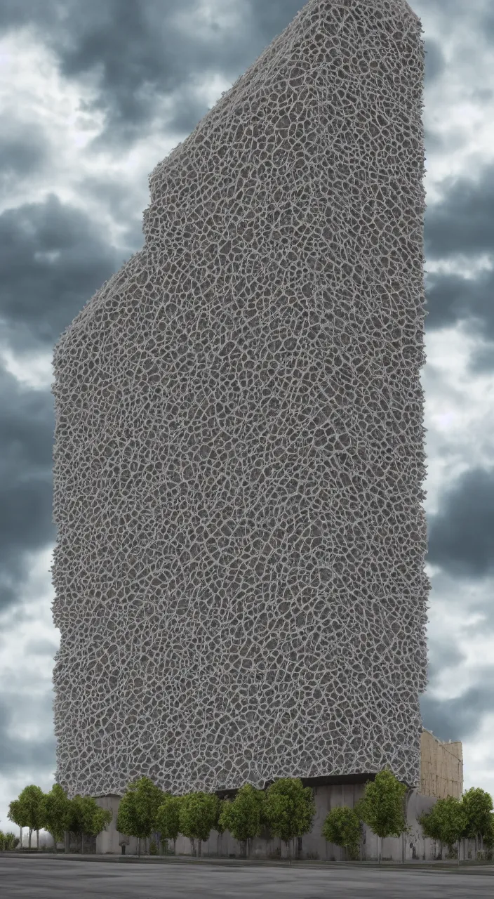 Prompt: intricate sponge patterned building facade with cloudy dramatic sky and grassy meadow, hyperrealism, 4 k octane render, photorealistic concept art, highly detailed