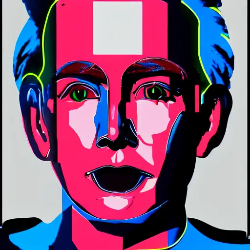 Image similar to a robot with the face of andy warhol, cyberpunk painting, award winning portrait, uncanny valley, dramatic lighting, detailed face, sharp focus, neon lighting