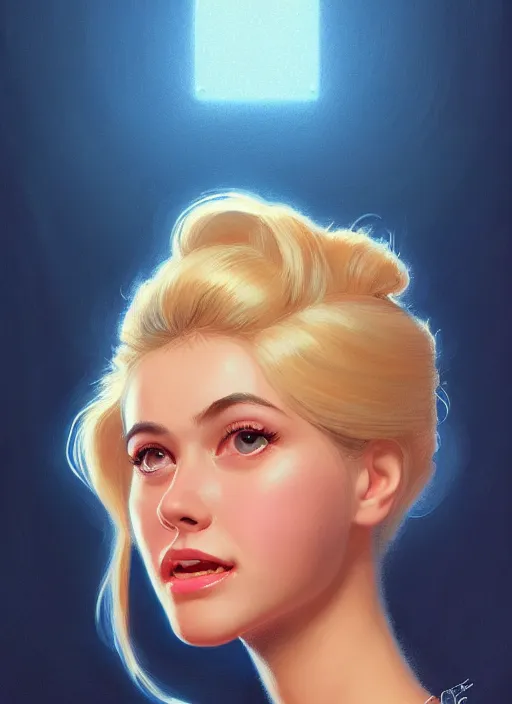 Image similar to portrait of betty cooper with fluffy bangs, bangs, 1 9 6 0 s, ponytail, curly bangs and ponytail, rounder face, intricate, elegant, glowing lights, highly detailed, digital painting, artstation, concept art, smooth, sharp focus, illustration, art by wlop, mars ravelo and greg rutkowski