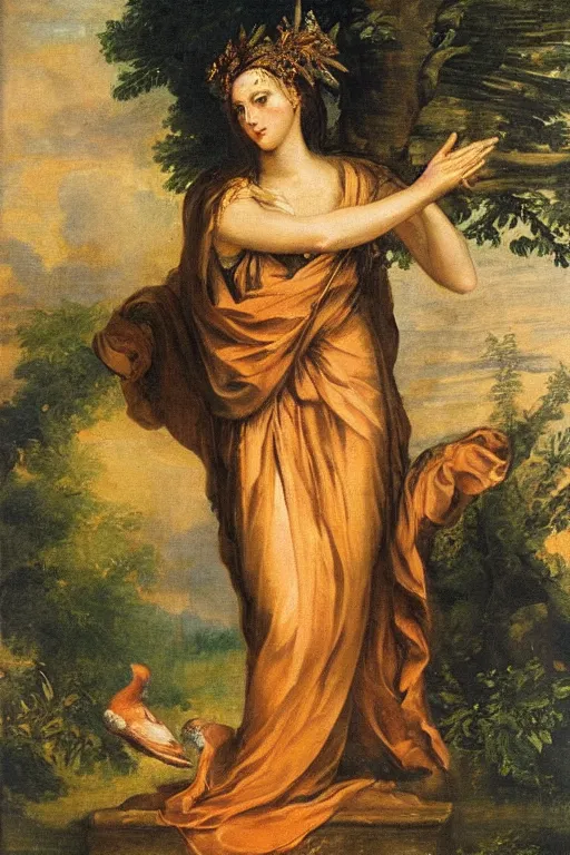 Prompt: beautiful oil painting of a Greek goddess in a toga, clothed, forest, symmetrical face, large eyes, magical, mythology, sunset, birds, by Titian and Alexander Roslin, masterpiece