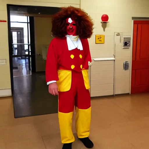 Image similar to sir parick moore dresses as ronald mcdonald