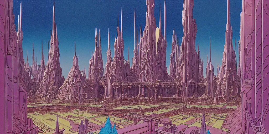 Prompt: cel shaded matte illustration, cinematic shot of the interior of a sci - fi space station with ornate elven architecture bustling with people, epic castle, emerald, crystalline, detailed illustration, sharp focus, crisp lines, art by moebius!!!, jean giraud moebius!!! comic illustration