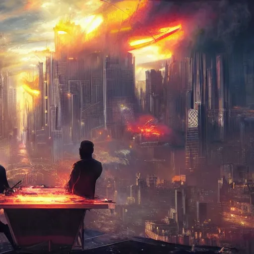 Prompt: in the foreground two glasses of alcohol on a table in the background a ( futuristic ) city in flames, realistic, high definition, no people in the image!!!, 4 k, shimmering color, cinematic light, hyper detailed, art by greg rutkowski and magali villeneuve and artgerm - h 7 8 0