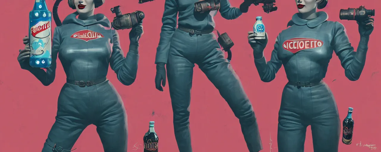 Prompt: duotone noir concept illustration 3 / 4 portrait of vintage female fallout 4 model in retro space suit advertising bottles nuka cola. accidental renaissance. by sachin teng and sergey kolesov and ruan jia and heng z. graffiti art, scifi, fantasy, hyper detailed. octane render. concept art. trending on artstation