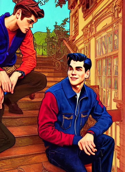 Image similar to oil portrait of archie andrews and jughead jones, intricate, elegant, highly detailed, lighting, painting, artstation, smooth, illustration, art by greg rutowski and alphonse mucha
