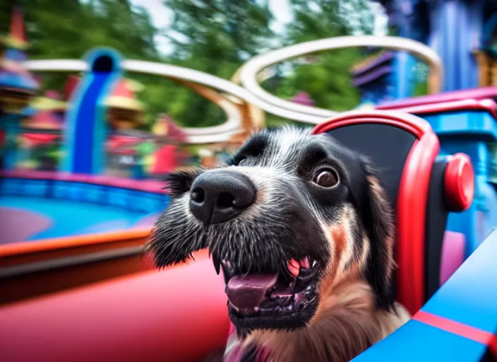 Image similar to film still of a dog riding a roller coaster in disneyland paris, 8 k