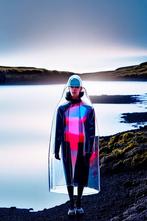 Image similar to an ultra high definition professional high fashion portrait studio full length photograph of a model wearing a transparent pearlescent raincoat and neon visor in an icelandic black rock environment at dawn. no artefacts. extremely detailed. stark. refraction. shallow depth of field. volumetric light and shadow. ray tracing. light rays.