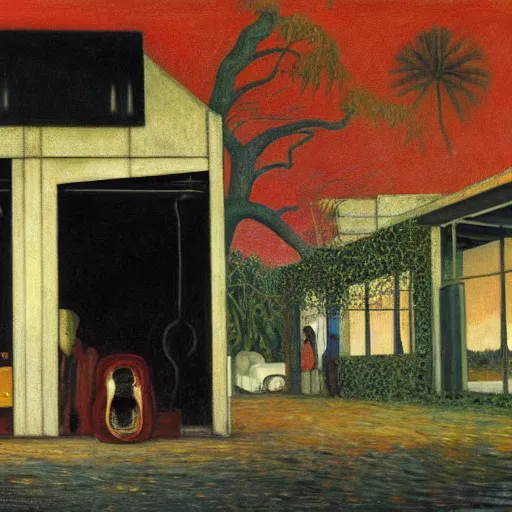 Prompt: a black beast walking in an abandoned gas station, by Henri Rousseau, by Klimt, by Hopper