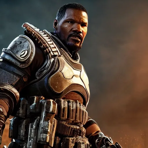 Image similar to Jamie Foxx as Django in 'Gears of War', splash art, movie still, cinematic lighting, detailed face, dramatic, octane render, long lens, shallow depth of field, bokeh, anamorphic lens flare, 8k, hyper detailed, 35mm film grain