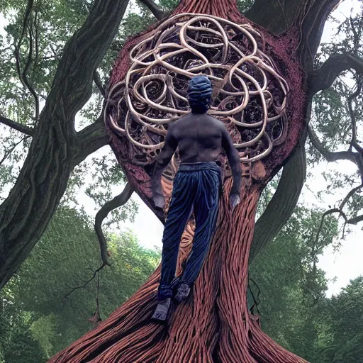 Image similar to a human man statue stuck in a cosmic tree, a sense of awe, amazement, monogon, plasma display, wooden, silver, mercury, damascus, armature wire, multiscopy, morph, in a symbolic and meaningful style, insanely detailed and intricate, hypermaximalist, elegant, ornate, hyper realistic, super detailed,