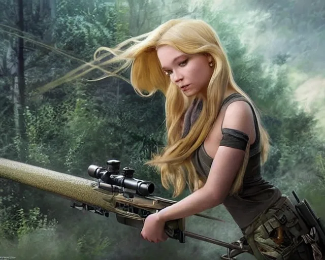 Image similar to disney princess with long blonde hair vs long barreled 9 0 sniper rifle : : weta disney pixar movie still photo : : hi - fructose, decadent highly - detailed digital painting, golden ratio, octane render, artstation, smooth, sharp focus, artgerm, mucha, loish, wlop