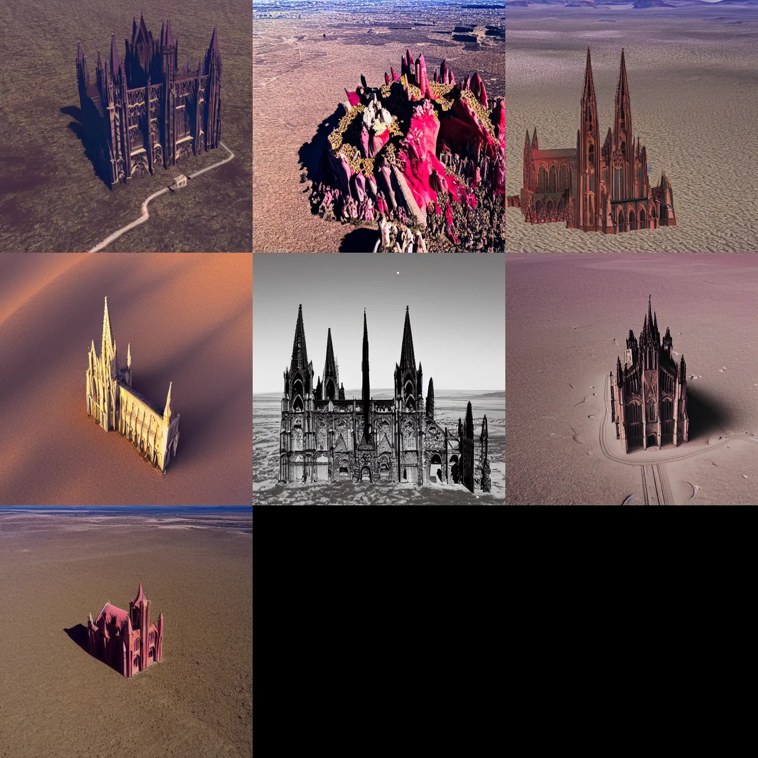 Prompt: gothic cathedral made of a ruby in a desert plateau ,view from above,8k,