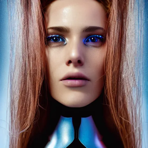 Image similar to portrait of a stunningly beautiful alluring futuristic robot female, depth of field, zeiss lens, detailed, symmetrical, centered, fashion photoshoot, by Annie Leibovitz and Steve McCurry, David Lazar, Jimmy Nelsson, Breathtaking, 8k resolution, extremely detailed, beautiful, establishing shot, artistic, hyperrealistic, beautiful face, octane render
