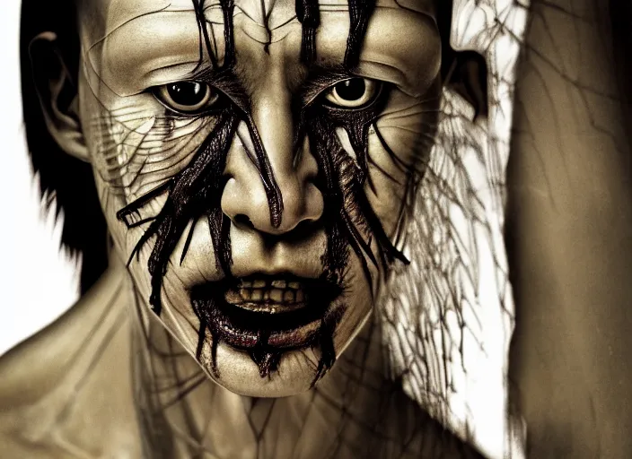 Image similar to mid shot portrait of samurai with translucent skin, visible bones and muscle and veins and nerves and internal organs, in the style of david cronenberg, high fashion, id magazine, realistic, sharp focus, 8 k high definition, film photography, photo realistic, insanely detailed, by david kostic and stanley lau and artgerm