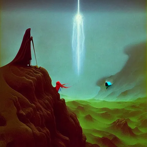 Image similar to The wizard merlin stands on a mountain fighting a harde of dragons, by Zdzisław Beksiński, trending on artstation, 8k, landscape photo-reality, landscape photo-imagery